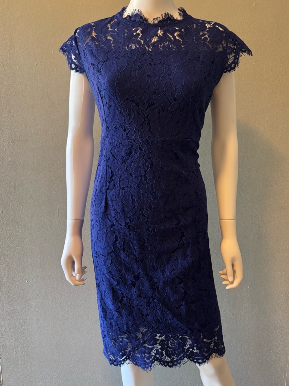 Cap-Sleeve Navy Lace Midi Dress